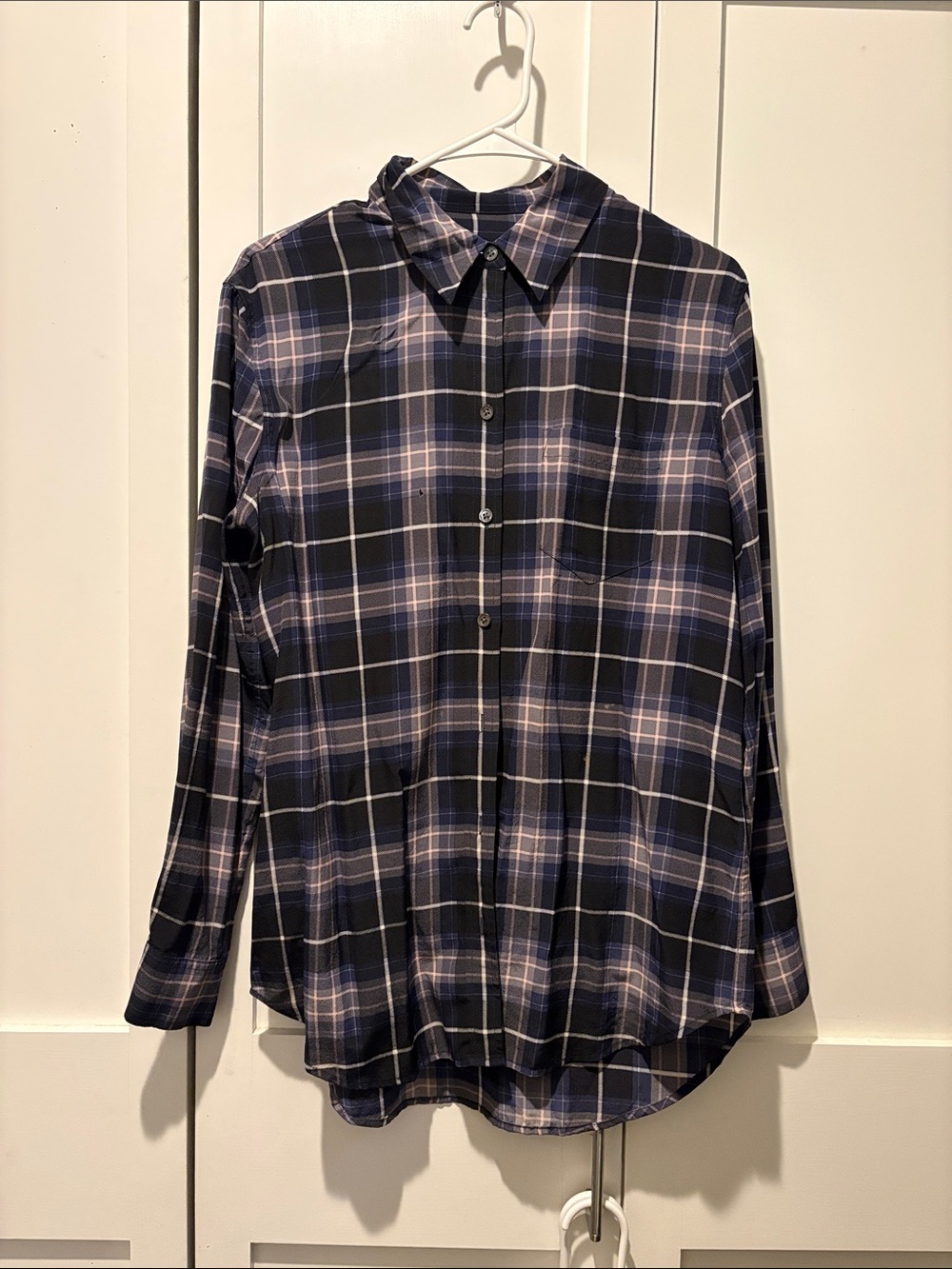 Equipment Silk Navy and Lavender Plaid Long-Sleeve Button-Down Size S